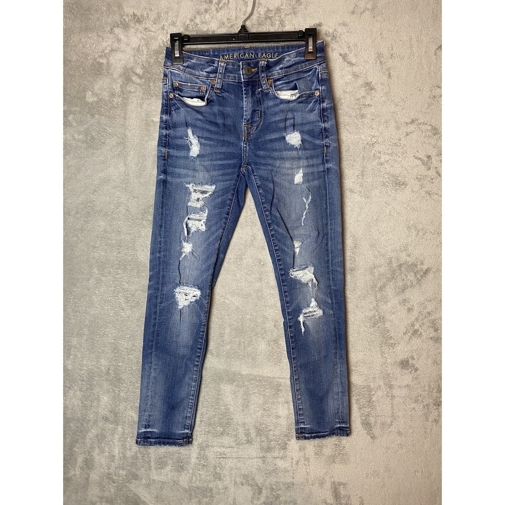 American Eagle Womens 26x28 Skinny Jeans Blue Distressed Denim‎